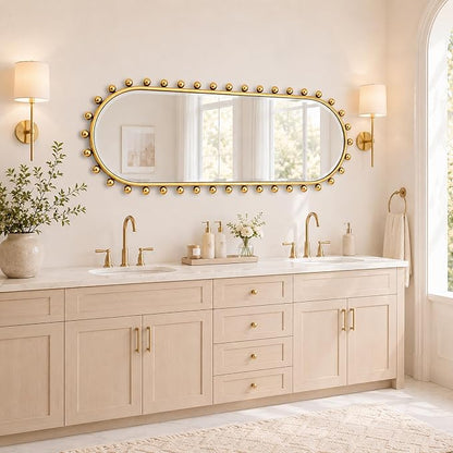 Oval Full-Length Wall Mounted Mirror 20" x 51", Antique Gold Beaded Beveled Mirror with Ball Frame, Vertical & Horizontal Hanging Wall Mirror for Bathroom, Bedroom, Dressing Room, Entryway