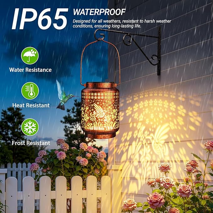 KOOPER 2 Pack Solar Lanterns Outdoor Waterproof Mothers Day Gifts for Women Mom Grandma, Metal Hummingbird Hanging Solar Lantern Outdoor, 2 Modes Outdoor Decoration for Yard, Patio, Garden, Porch