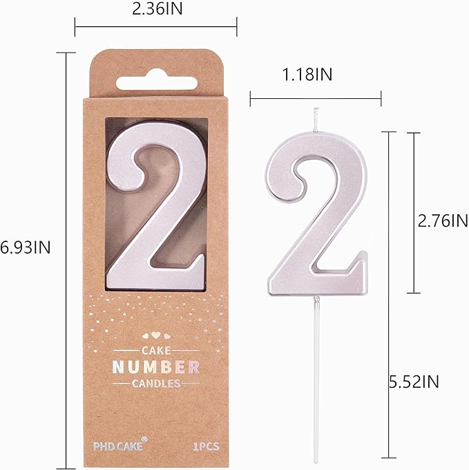 PHD CAKE 2.76 Inch Modern Rose Gold 2 Number Birthday Candles, Rose Gold Number Candles, Cake Number Candles, Party Celebration