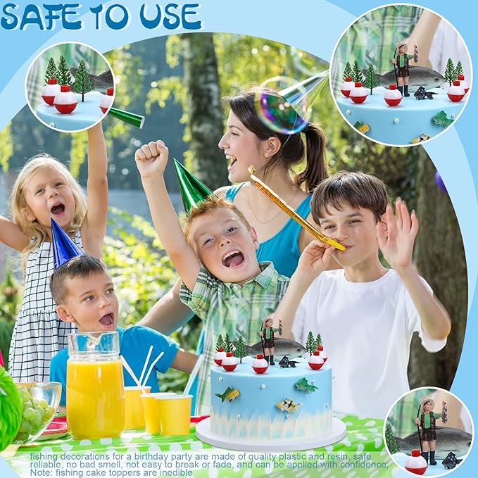 16 Pcs Gone Fishing Cake Decoration Gone Fishing Cake Topper Birthday Party Supplies for Man Kids Boy Girls Fisherman Themed Party Decor, Mixed Styles