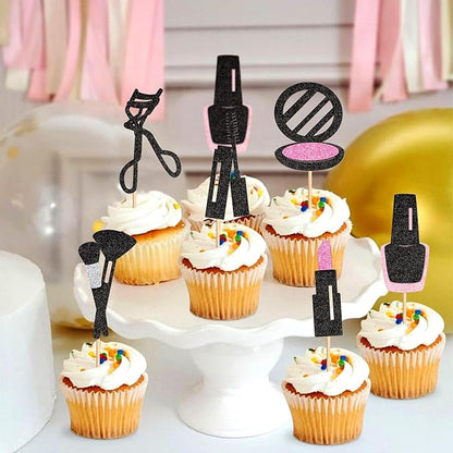 Ercadio 24Pcs Glitter Makeup Cupcake Toppers Mascara Lipstick Cupcake Picks Makeup Brushes Cosmetics Food Picks for Makeup Birthday Cupcake Decors Bridal Shower Bachelorette Party Supplies