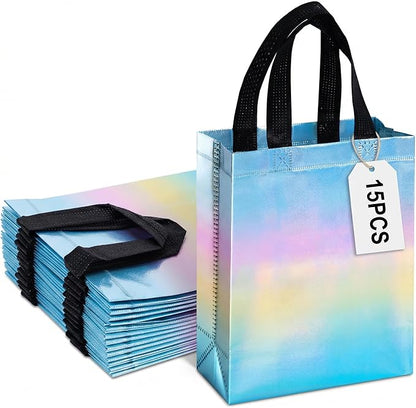 VGOODALL 15PCS Reusable Iridescent Gift Bags with Handles, 8"x4"x10" Bulk Party Favor Bags for Party Gifting, Birthdays, Weddings, Goodie Treats