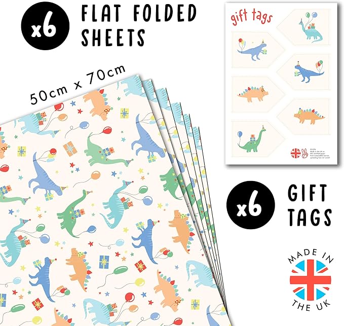 CENTRAL 23 Dinosaur Wrapping Paper Birthday Boy - 6 Sheets Dino Gift Wrap For Children - Dino Birthday Party - Kids Wrapping Paper - Comes With Stickers