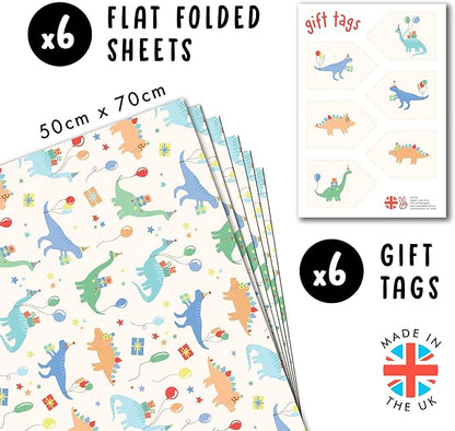 CENTRAL 23 Dinosaur Wrapping Paper Birthday Boy - 6 Sheets Dino Gift Wrap For Children - Dino Birthday Party - Kids Wrapping Paper - Comes With Stickers