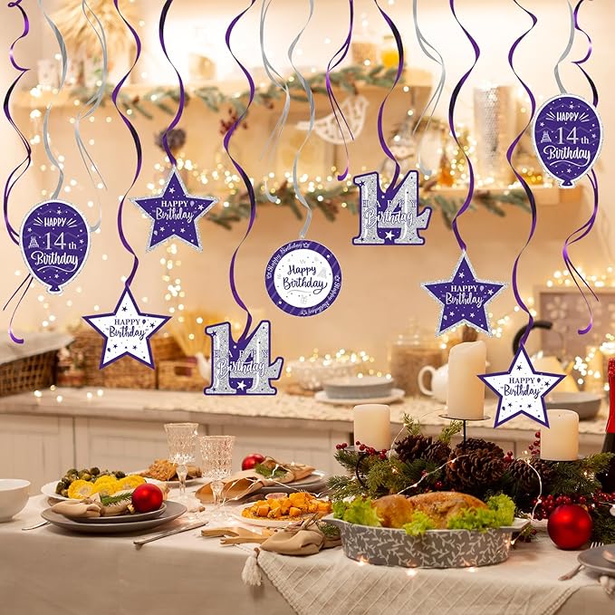 Happy 14th Birthday Purple & Silver Glitter Swirls Streamers Party Decorations - 15 Pcs 14th Birthday Hanging Swirls Streamers Kit,Cheers to Fourteen Years Old Bday Party Sign.