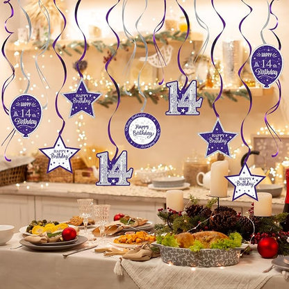 Happy 14th Birthday Purple & Silver Glitter Swirls Streamers Party Decorations - 15 Pcs 14th Birthday Hanging Swirls Streamers Kit,Cheers to Fourteen Years Old Bday Party Sign.