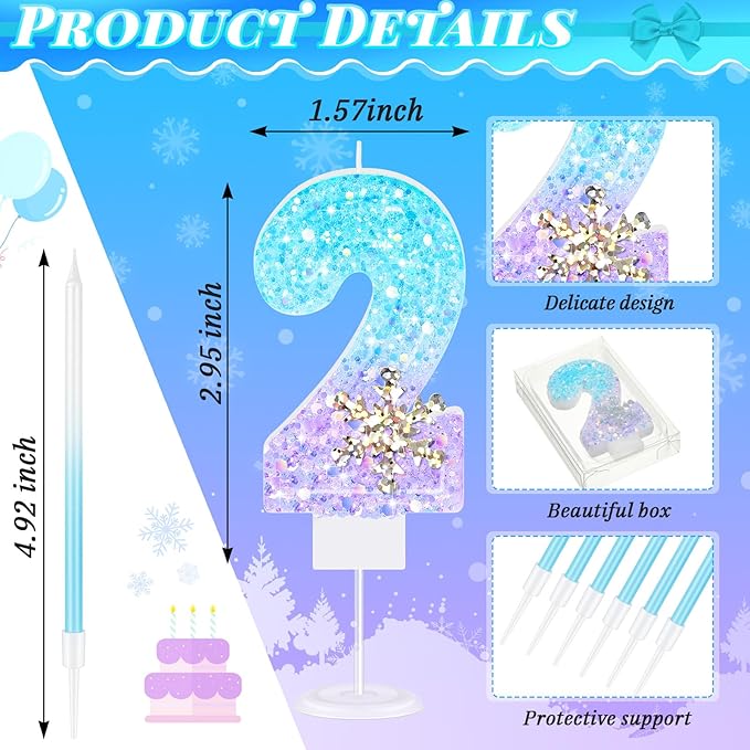 MTLEE Number 2 Birthday Candle Blue Snowflake with 6 Long Thin Cupcake Candles Blue Sparklers Glitter Number Happy Birthday Cake Topper Decorations for Winter Party Supplies
