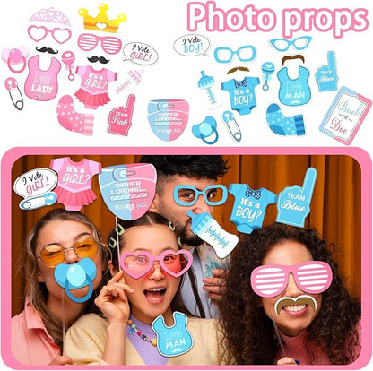 Guudmua 312 Pcs Gender Reveal Decorations, Baby Gender Reveal Party Supplies- Disposable Dinnerware Set With Pink and Blue (25 Guest), Boy or Girl Banner, Balloon, Sash, Cake Topper, Photo Props