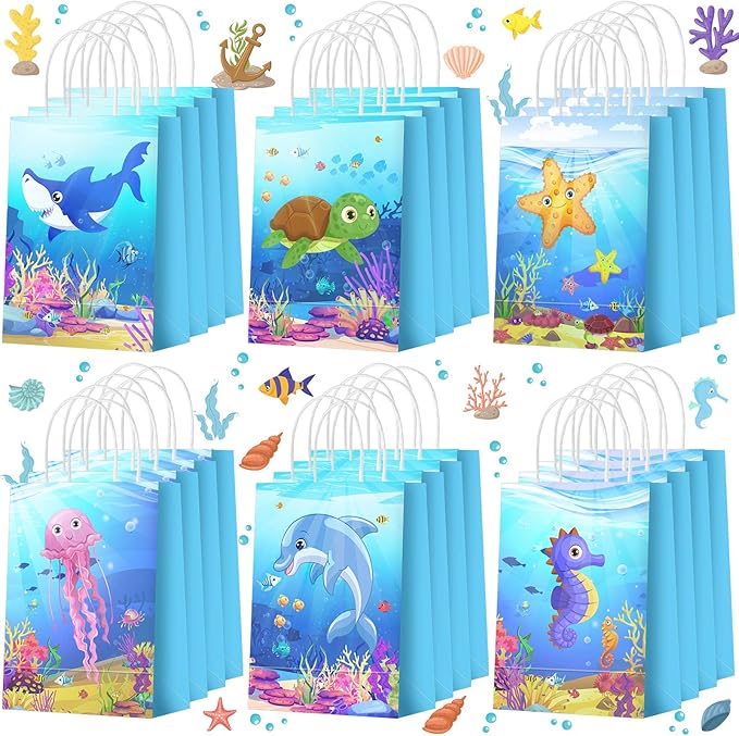 Outus 24 Pcs Under the Sea Party Favor Bags Goodie Ocean Gift Paper Bags with Handles Sea Animal Candy Treat Pouch for Summer Ocean Birthday Party Decorations Baby Shower Supplies