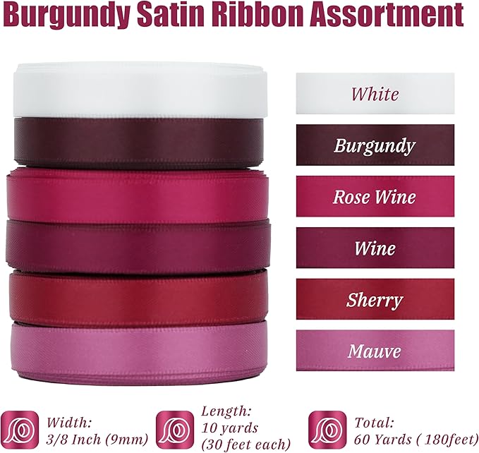 MAYREEL Burgundy Ribbon 3/8 Inch Thin Maroon Dark Red Satin Ribbon for Gift Wrapping Crafts Wedding Bridal Shower Christmas Tree Decorations 6 Rolls 10 Yards Each Total 60 Yards