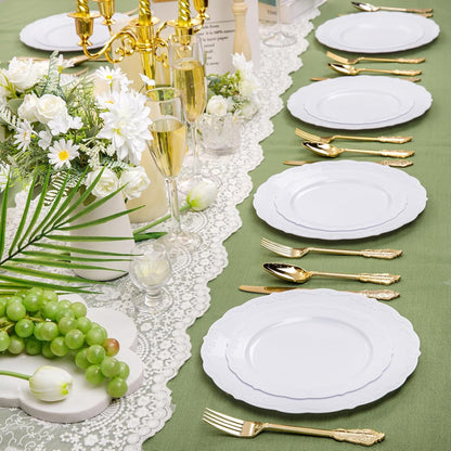 DaYammi 150Pcs White Plastic Plates & Gold Plastic Silverware, White Disposable Plates for Party Include 30 Dinner Platos,30 Dessert Platos,30 Golden Knives,30 Gold Forks,30 Spoons for Wedding Party