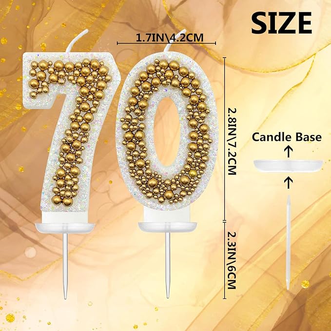 70 Birthday Number Candle for Cake, Glitter Number Candle with Gold Beads, Decorative Cake Topper for Milestone Celebrations