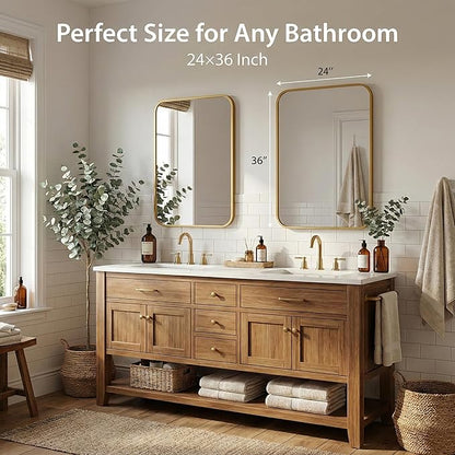 2-Pack 24x36 Inch Antique Gold Bathroom Vanity Mirrors | Flush Mount Deep Set Metal Wall Mirror for Over Sink | HD Shatterproof Glass, Rustproof