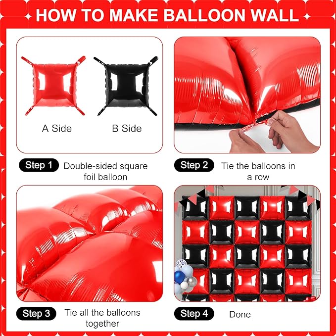 Black and Red Square Foil Balloons 25 Pcs Metallic Black and Red Balloons Wall Backdrop for New Year Graduation Birthday Bridal Shower Party Arch Backdrop Decorations