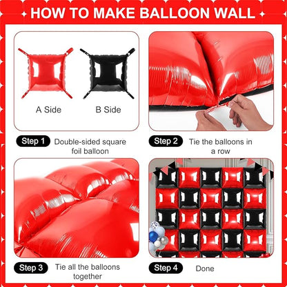 Black and Red Square Foil Balloons 25 Pcs Metallic Black and Red Balloons Wall Backdrop for New Year Graduation Birthday Bridal Shower Party Arch Backdrop Decorations