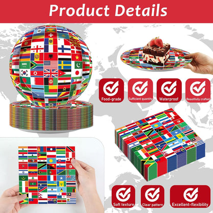 50 Guests International World Flags Party Supplies Decor Around The World Plates and Napkins Forks Travel Trip International Flags Tableware Country Paper Plates for Birthday Baby Shower Party 200PCS