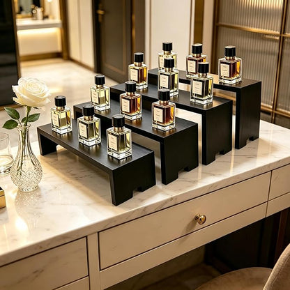 Yikaroeli 2 Set Large Black Display Riser Perfume Display Stand Cologne Shelf Wood Risers for Display,11"-8.6" Graduated Sizes,4Tiered 8Pcs Display Stands for Vendors Event