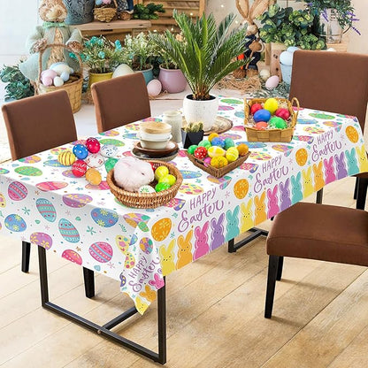 2 Pcs Happy Easter Table Cloth - Plastic Bunny Eggs Tablecloth, Disposable Rectangle Spring Floral Table Cover for Easter Home Dining Kitchen Activity Party Decorations Tables Decor, 108 x 54 Inch