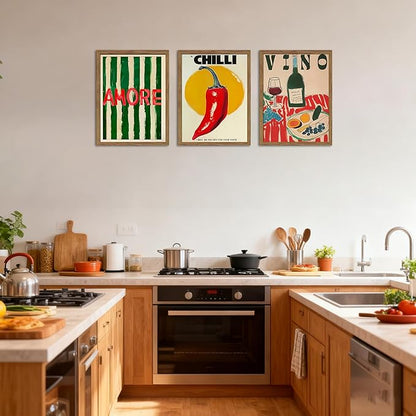 Framed Kitchen Wall Art Set of 3, Abstract Table Food Kitchen Wall Decor, Chilli Pictures Prints Artwork, Vintage Dining Room Canvas Painting, Modern Kitchen Home Decoration – 16x24 inch