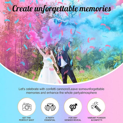 Gender Reveal Confetti Cannon,2 Blue 2 Pink Safty Corn Powder Smoke Party Poppers Shoots 20-25ft,12 inch Upgrade Firmware Baby Shower Gender Reveal Party Supplies