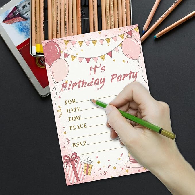 Sweet Birthday Invitations for Girl Teens Kids, 25 Pcs 4x6 Pink Gold Party Card Kit with Balloons, Bunting, Presents & Cakes - Sweet Colorful Childlike