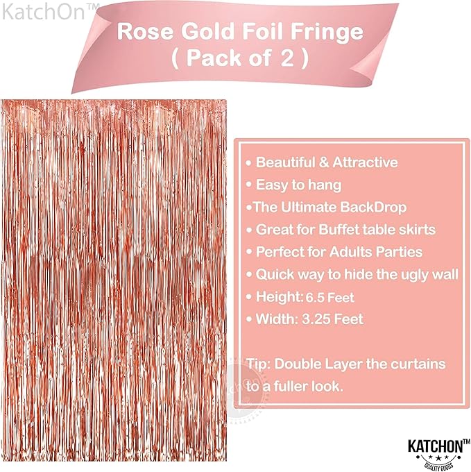 KatchOn, Rose Gold Fringe Curtain - Pack of 2 | Rosegold Backdrop for Anniversary, Wedding, Bachelorette Party Decorations| Fringe Backdrop for Rose Gold Birthday Decorations