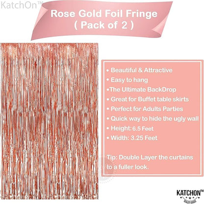 KatchOn, Rose Gold Fringe Curtain - Pack of 2 | Rosegold Backdrop for Anniversary, Wedding, Bachelorette Party Decorations| Fringe Backdrop for Rose Gold Birthday Decorations