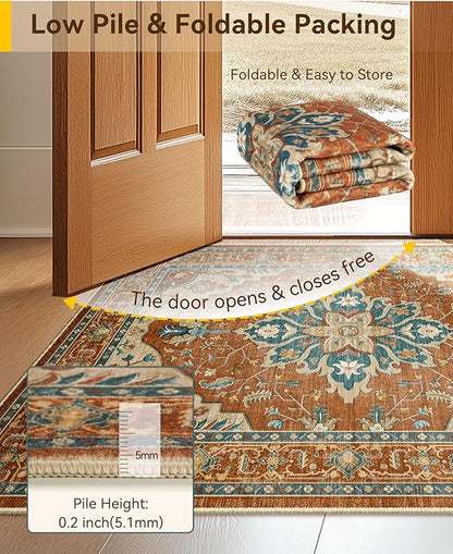 RELEANY Area Rugs Square 10ft Washable Non-Slip, Floral Vintage Distress Print Pattern Medallion Carpet for Living Room Bedroom Dining Room, Red Orange Blue Brown