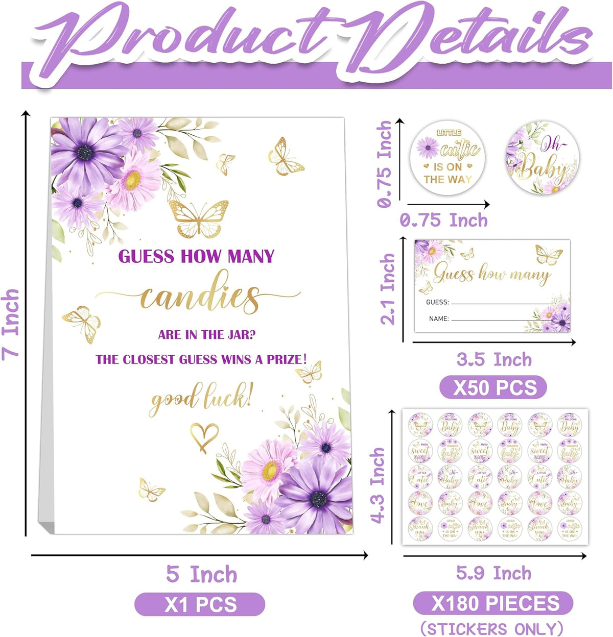 How Many Candies Baby Shower Games, How Many Candies Standing Sign 50 Guessing Cards 180 Baby Shower Candies Stickers, Guess How Many Candies Baby Showers Game Set for Baby Shower Decoration (Purple)