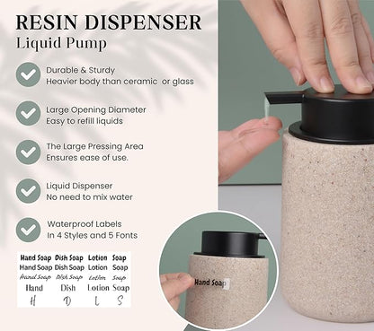 Clasin Home Resin Hand Soap Dispenser Easy-to-Press Liquid Pump, Refillable Soap Dispenser with Sandstone Like Finish, Waterproof Bottle Labels for Bathroom Kitchen Dish Lotion (Beige,10 oz)