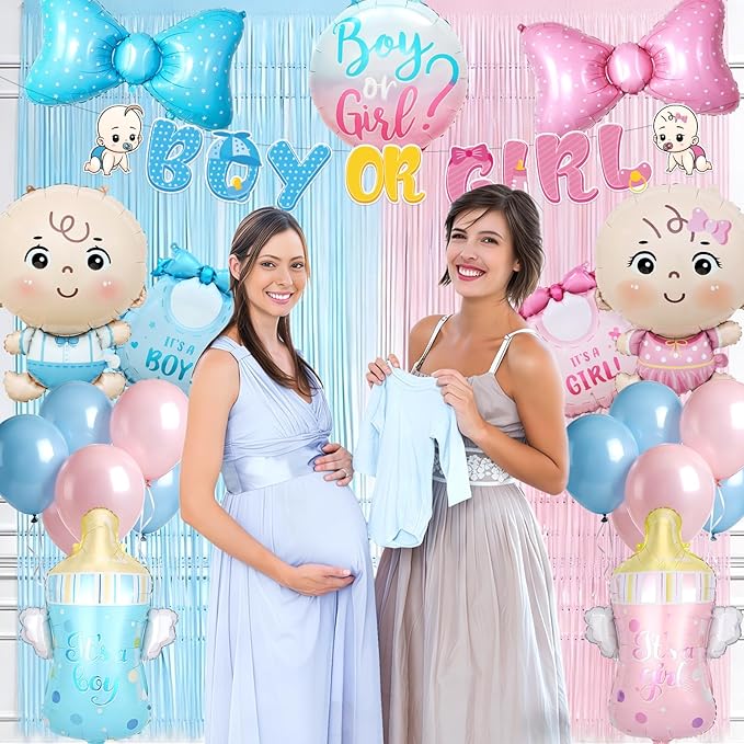 Gender Reveal Decoration Set - Includes Foil Balloon (Boy & Girl, Bibs, Bottles, Bows), 16inch Large Foil Balloon for Gender Reveal Party, Baby Shower Decor