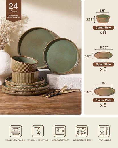 24-Piece Dinnerware Set Service for 8, Famiware Premium Stoneware Dish Set with Ribbed Plates and Deep Bowls, Double Reactive Glaze, Chip & Scratch Resistant, Microwave & Dishwasher Safe, Moss