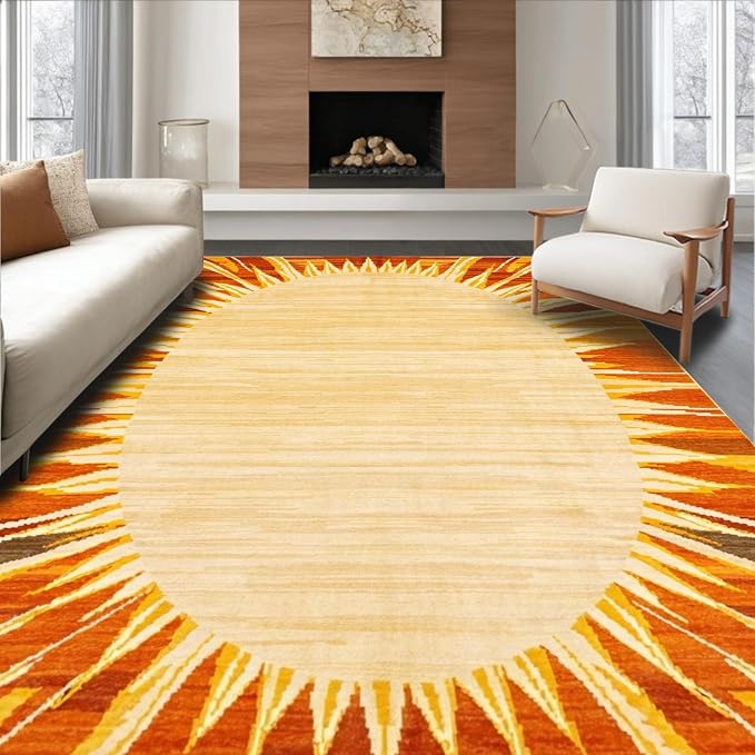 Flatwoven High Traffic Area Rug 5x7, Warm Retro Sun Rays Floor Mat with Symmetrical Circular Geometric Pattern, Non Slip, Stain Resistant, Washable Area Rugs for Living Room, Bedroom (Yellow, 5x7)