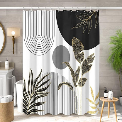 Mid Century Boho Shower Curtain, Abstract Modern Sun Minimalist Aesthetic Shower Curtain, Bohemian Geometric Arch Curve Leaves Neutral Art Fabric Bathroom Curtains Black 72x78 inch