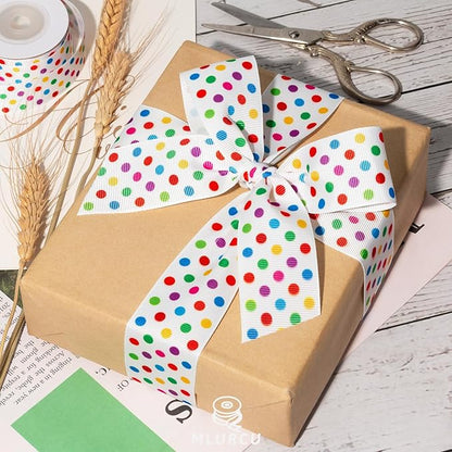 Polka Dot Ribbon Set 3 Rolls 5/8", 7/8", 1.5" Rainbow Colored Dot Grosgrain Ribbons for Gift Wrapping, Birthday Party, Baby Shower, Wreaths, Hair Bows, Banners, Candy Bags, DIY Crafts