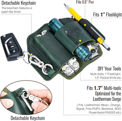 FLYHOMES Genuine Leather Multitool Sheath | Handmade Stitched EDC Belt Organizer for Leatherman Surge | Flashlight, Knife Holster, Pen & Tools Pouch | Dark Green (Large)