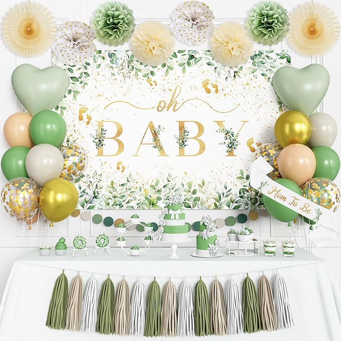 Sage Green Baby Shower Decorations, Oh Baby Neutral Gender Reveal Party Decor Kit With Backdrop, Balloons, Pom Poms, Tassels Garland, Mom To Be Sash & Circle Dots Garland For Baby Girls Boys