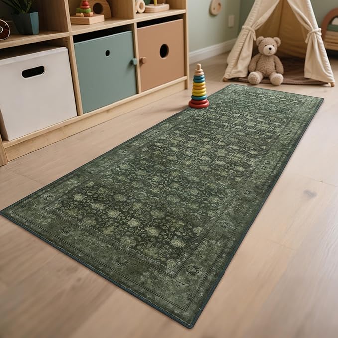 2'6x8' Washable Runner Rug for Hallway, Non Slip Vintage Floral Long Carpet Runners for Entryway, Kitchen, Bathroom, Bedroom, Low Pile Laundry Rugs Rubber Backing (Distressed Green)