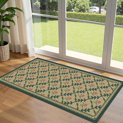 Front Door Mat Indoor Entrance - 2x4.3 Ft Washable Layered Doormat Outdoor Entrance Porch Rug Non-Slip Jute-Look Khaki Farmhouse Trellis Runner Rug for Kitchen Bedroom Laundry Room Porch Decor