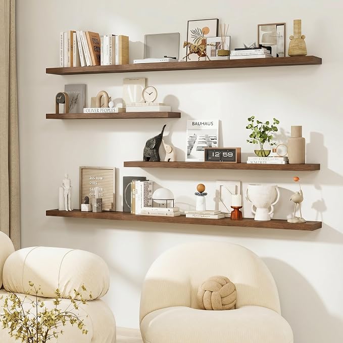 Dreamland Floating Shelves for Wall, 27.5 Inch Long Shelves, Wall Decor for Bedroom, Kitchen, Living Room & Book Storage, Mounted Floating Shelf with Invisible Brackets, Set of 2, Walnut