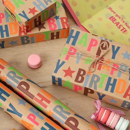 LaRibbons Birthday Wrapping Paper Roll for Kids, 17 Inch x 16.5 Feet Kraft Gift Wrap Paper with Colorful Text Happy Birthday Pattern for Boys Holiday Party