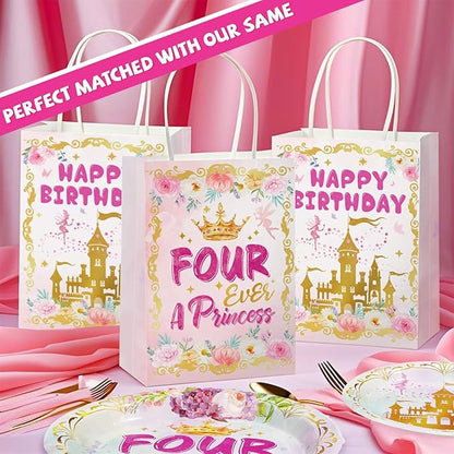 Grencian 16Pcs Princess Birthday Party Bags Four Ever a Princess Candy Treat Gift Bags Princess 4th Party Favor Decorations for Girls Princess Themed Birthday Supplies