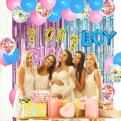 Gender Reveal Party Supplies Kit, Pink and Blue Balloons, Boy or Girl Foil Balloons, Tinsel Curtain, Gender Reveal Party Baby Photo Backdrop for Baby Shower Decorations