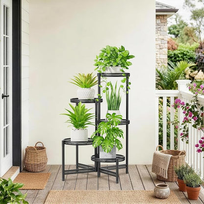 iDavosic.ly 5 Tier Large Plant Stand Indoor with 10-Inch Wide Drainage Tray, Tiered Corner Metal Outdoor Flower Display Holder Shelf, Folding Tall Rack for Patio Porch Balcony, Black Iron Carving