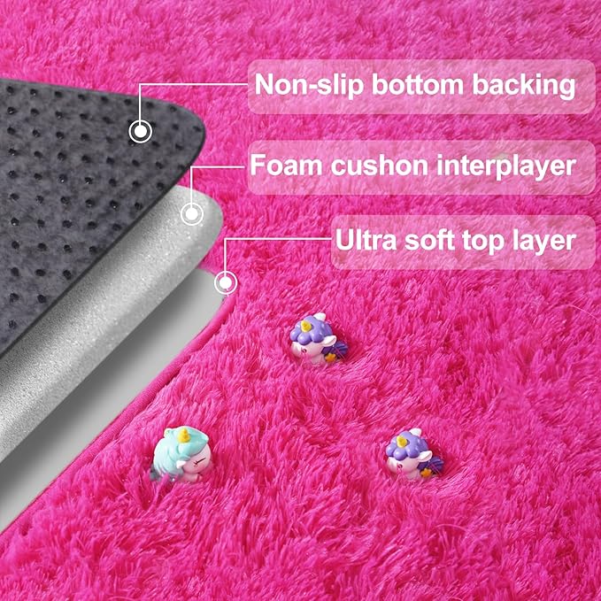 qulint Hot Pink Area Rug for Living Room, 6x9 Area Rug Soft Shag Fluffy Rug for Bedroom, Fuzzy Plush Alfombras para Salas Modernas Shaggy Large Carpet for Office Home Decor (6ft x 9ft, Hot Pink)