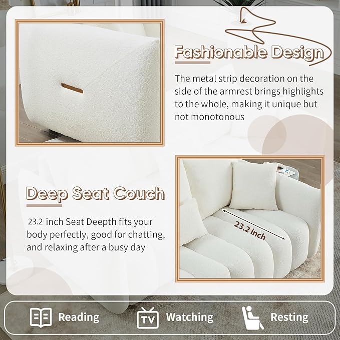 Antetek Teddy Sofa Set for Living Room, Modern Deep Seat Sofa Chair and Oversized 3-Seater Cloud Boucle Couch for Bedroom, Office, Apartment, Furniture Set, Beige (2 Piece)