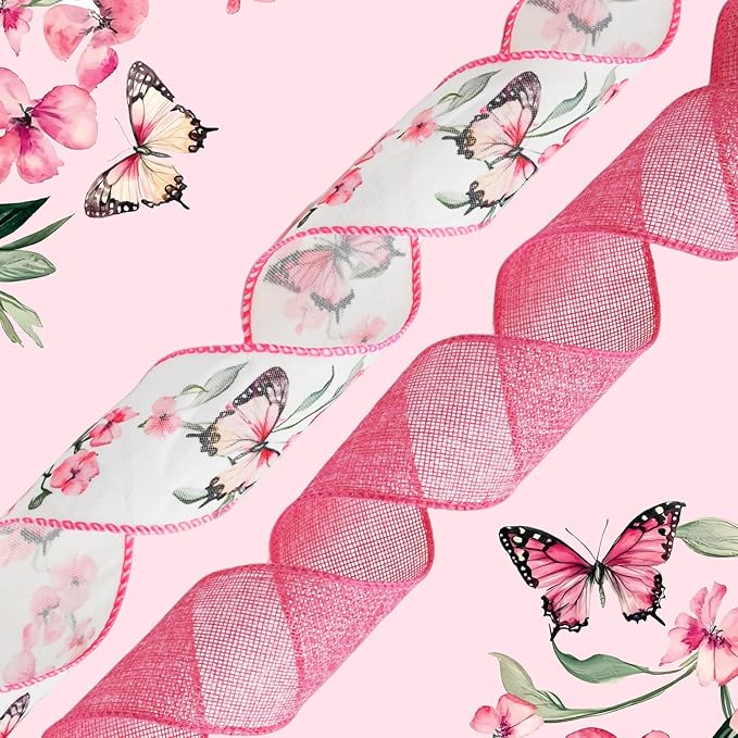 Pink Wired Ribbon for Wreath Bows, 2 Rolls, 2.5″ Wide, 10 Yards Total, Summer Pink Butterfly Floral Wired Ribbons for Crafts Supplies, Rustic Party, Wedding Ribbon Bow Decor