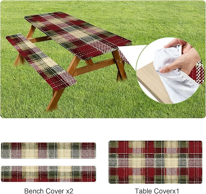 ANNA QUEEN 6FT Christmas Picnic Table Cover Set 3PCS 72"x30", Waterproof Outdoor Bench and Tablecloth Furniture Protection for Camping Beach BBQ Patio Backyard