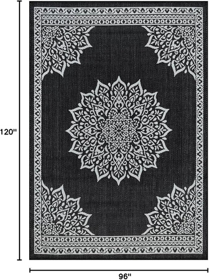 CAMILSON Outdoor Rug, 8x10 Medallion Black White Modern Area Rugs for Indoor and Outdoor Patios, Kitchen and Hallway Mats, Washable Porch Deck Outside Carpet (Medallion Black, 8 x 10)
