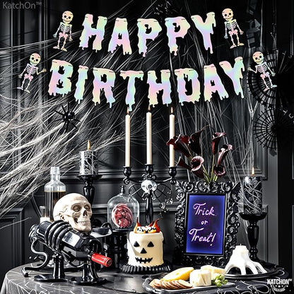 KatchOn, Iridescent Silver Halloween Happy Birthday Banner Decorations - 10 Feet, No DIY | Spooky Birthday Decorations | Halloween Decorations Indoor | Spooky Happy Birthday Banner
